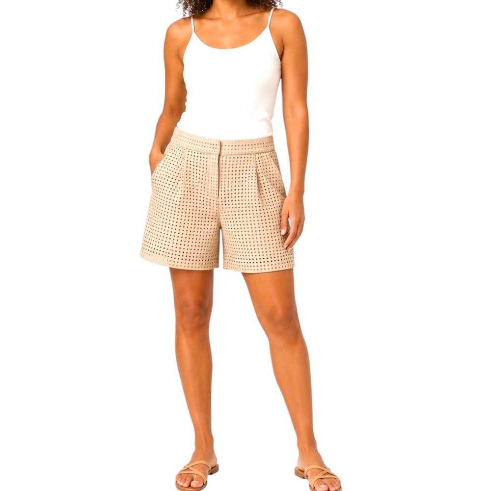 Zara Beige Perforated Laser Cut High Waisted Pleated Shorts Womens Medium